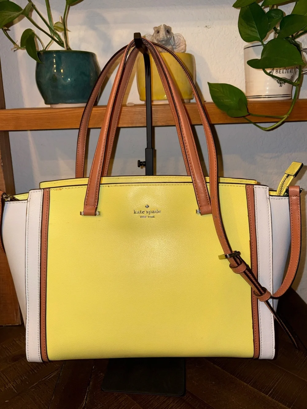kate spade Yellow and White Colorblock Leather Tote with Brown Handles
